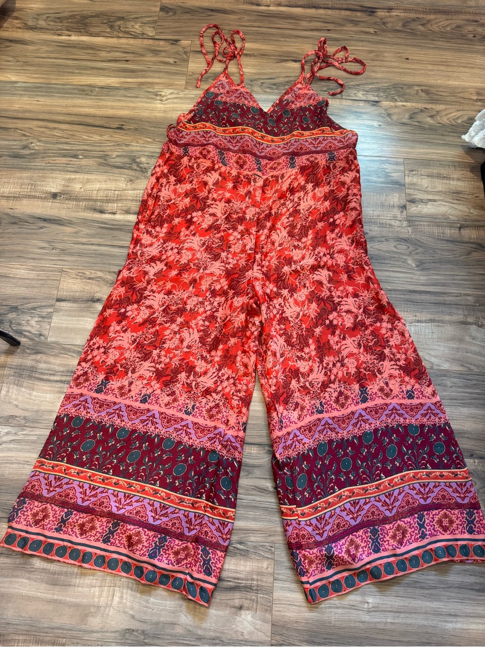 Free People Leona Print Wide Leg Jumpsuit boho red floral